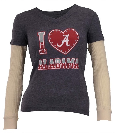 Alabama Crimson Tide T-Shirt - Outerstuff - Youth/Kids - I Love - Heart/Love - V-Neck - Long Sleeve - Grey