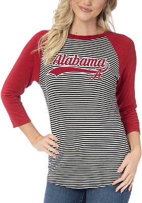 Alabama Crimson Tide T-Shirt - Ladies - Raglan/Baseball - Striped - Three Quarter Sleeve - Crimson