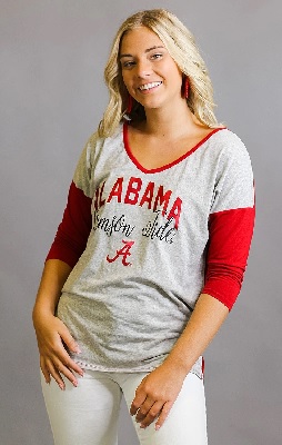 Alabama Crimson Tide T-Shirt - Bows And Arrows - Ladies - Tunic - V-Neck - Three Quarter Sleeve - Grey