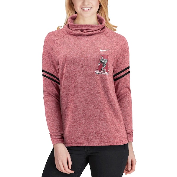 Alabama Crimson Tide Nike Womens Vault Sleeve Striped Funnel Neck Sweatshirt Heathered Crimson