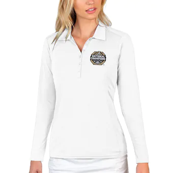 Alabama Crimson Tide Antigua Womens College Football Playoff 2020 National Champions Neon Logo Tribute Long Sleeve Polo White