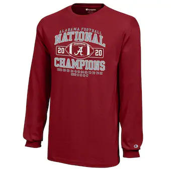 Alabama Crimson Tide T-Shirt - Champion - Youth/Kids - 2020 Football National Champions - Football - Long Sleeve - Crimson