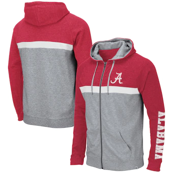 Alabama Crimson Tide Colosseum Colorblocked Full Zip Hooded Sweatshirt Heathered Gray Crimson