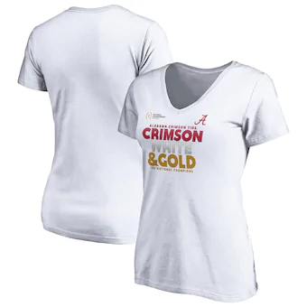Alabama Crimson Tide T-Shirt - Fanatics Brand - Ladies - White & Gold 18X National Champions - Football - V-Neck - White