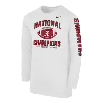 Alabama Crimson Tide T-Shirt - Nike - Youth/Kids - National Champions 2020 College Football - Football - Long Sleeve - White