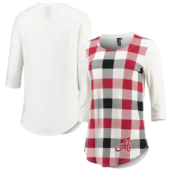 Alabama Crimson Tide Womens Gingham Plaid Three Quarter Sleeve T-Shirt White Crimson