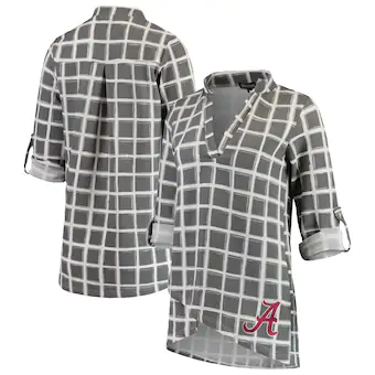 Alabama Crimson Tide Womens In It To Win It Window Pane V Neck Three Quarter Sleeve Blouse Gray