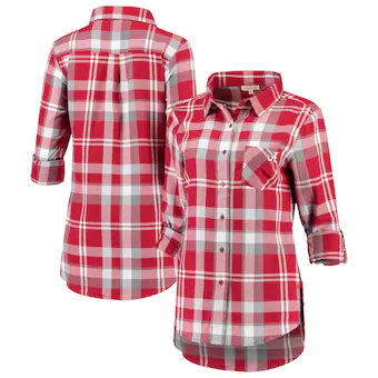 Alabama Crimson Tide Womens Missy Boyfriend Plaid Flannel Button Up Long Sleeve Shirt Crimson
